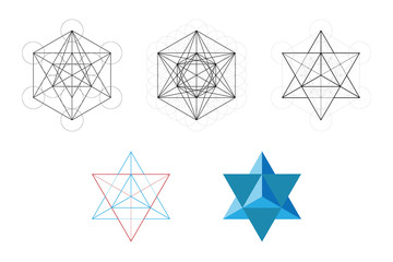 Set of geometrical elements and shapes. Sacred Geometry Davids Star development from Metatron Cube. Vector designs