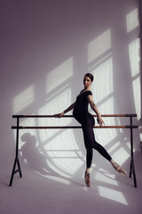 Fototapeta na wymiar Young beautiful pregnant ballerina is posing in studio