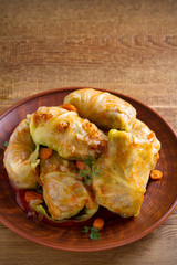 Stuffed cabbage leaves with meat, rice and vegetables. Chou farci, dolma, sarma, sarmale, golubtsy or golabki - popular dish in many countries. overhead, vertical