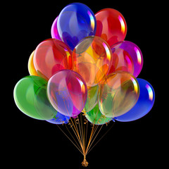 party helium balloons bunch colorful. birthday decoration multicolored. 3d rendered illustration. isolated on black