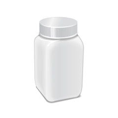 Vector template of white plastic bottle with screw cap for medicine, pills, tabs. 3d container mock up illustration