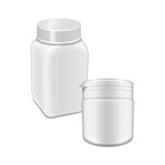 Vector template of white plastic bottle with screw cap for medicine, pills, tabs. Set of 3d container mock up illustration