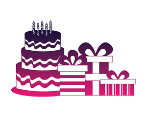 sweet cake with candles and gifts boxes icon