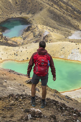 Travel New Zealand, Tongariro National Park. Young tourist hiker man overlooking volcanic landscape of Tongariro Alpine Crossing. Popular tourist trail / day hiking track in North Island
