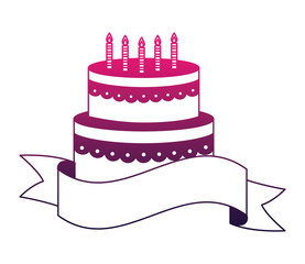 sweet cake with candles and ribbon isolated icon