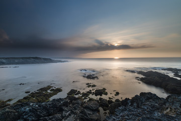 coast, rocks, sun, clouds, reflections, sea, sunset,