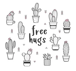 Foto op Canvas Vector set with various hand drawn outline cactuses in flowerpots. Cute hand drawn cactus print with inspirational quote isolated on white. Free hugs © Margarita Vasina