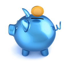 piggy bank blue and golden coin. pension saving money, donate, payment, banking, earning, finance business icon concept. 3d illustration