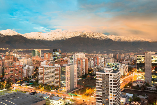 Apartment buidings in the wealhty district of Las Condes with The Andes mountain Range in the back, Santiago de Chile