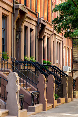 New York, City / USA - JUL 10 2018: Old Buildings of Hicks Street in Brooklyn Heights Neighborhood...