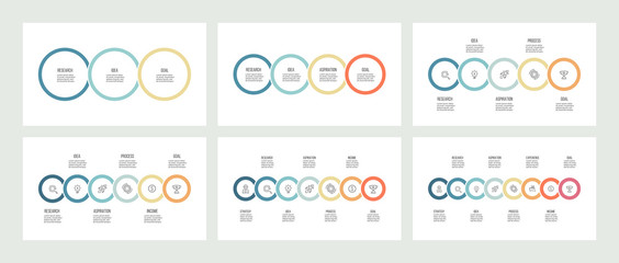 Business infographics. Timeline with 3, 4, 5, 6, 7, 8 steps, options, circles. Vector template.