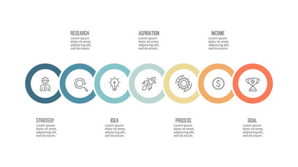 Business infographics. Timeline with 7 steps, options, circles. Vector template.