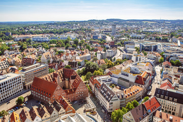 high View on Ulm Danube River from the tower of Ulm Minster, Germany