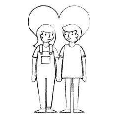 young couple together with heart characters