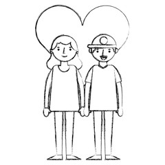 young couple together with heart characters