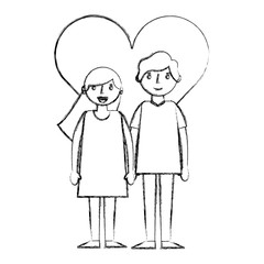 young couple together with heart characters