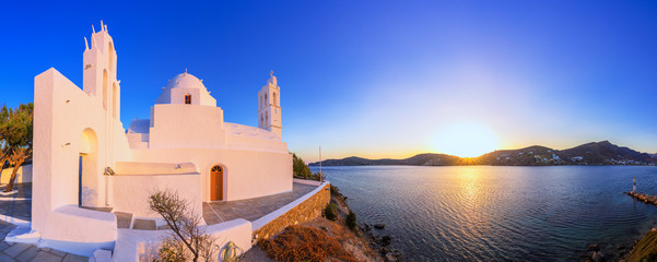 The famous old church of Agia Irini, at the entrance of Yalos , the port of
Ios island, Cyclades,...