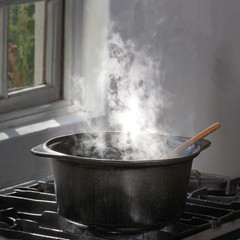 Steam rises from a pot on a stove in the kitchen