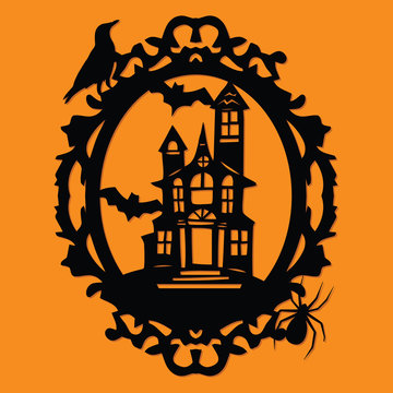 Paper Cut Silhouette Halloween Spooky Manor Mansion Frame