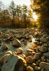 Early morning sunlight on river of rocks and water