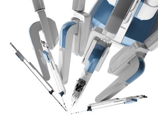 Medical robot surgery. Modern medical technologies. Robotic arm isolated on white background. 3D rendering