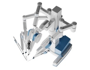 Medical robot surgery. Modern medical technologies. Robotic arm isolated on white background. 3D rendering