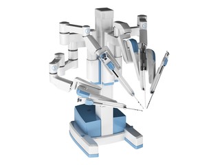 Medical robot surgery. Modern medical technologies. Robotic arm isolated on white background. 3D rendering