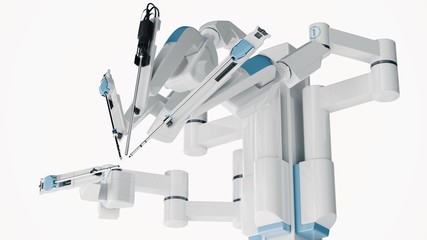 Medical robot surgery. Modern medical technologies. Robotic arm isolated on white background. 3D rendering