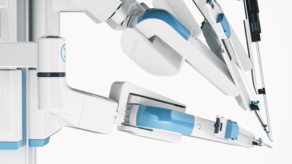 Medical robot surgery. Modern medical technologies. Robotic arm isolated on white background. 3D rendering