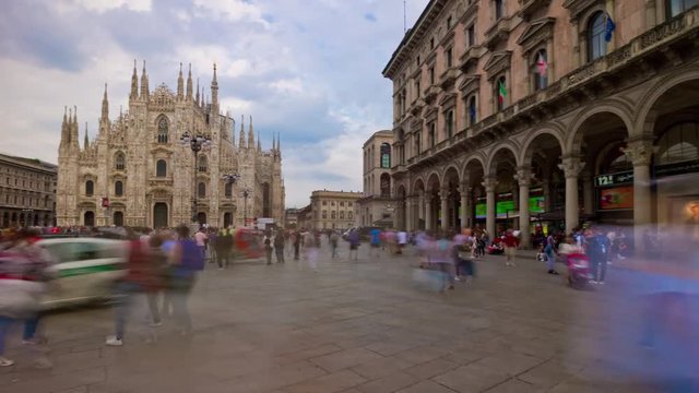 milan city famous crowded duomo cathedral square panorama 4k timelapse italy
