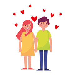 young couple together with hearts icon