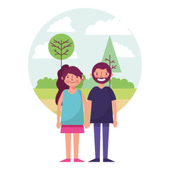 young couple together with landscape icon