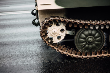 General rehearsal of the military parade in Belarus. Military equipment rides through city streets. Heavy fighting vehicles