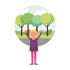 young woman with hands up in landscape isolated icon