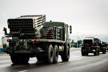 General rehearsal of the military parade in Belarus. Military equipment rides through city streets. Heavy fighting vehicles