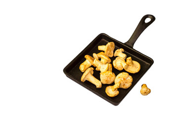 Fresh raw mushrooms chanterelle on a black cast-iron frying pan on a white background.
