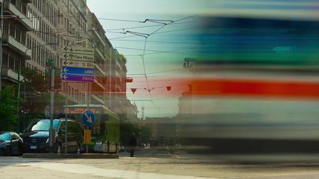 milan city sunny day tram traffic street panorama 4k timelapse italy
