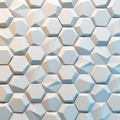 White abstract hexagons backdrop. 3d rendering geometric polygons, as illuminated tile wall. Interior room