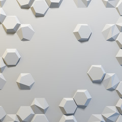 White abstract hexagons blank backdrop. 3d rendering geometric polygons, as illuminated tile wall. Interior room