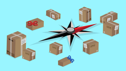 Worldwide delivery background with compas and boxes.