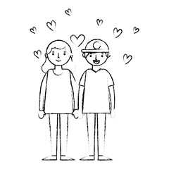 young couple together with hearts icon