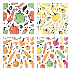 Set of hand drawn seamless pattern with vegetable. Vector artistic drawing food. Summer illustration pumpkin, potato, pepper, green peas, beetroot, eggplant, tomato, cucumber, avocado, carrot