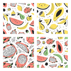 Set of hand drawn set of tropical fruits. Vector artistic seamless pattern with food. Summer illustration watermelon, banana, papaya, pitaya, pear, apple, lemon, passion fruit and kiwi