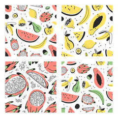 Fototapeta premium Set of hand drawn set of tropical fruits. Vector artistic seamless pattern with food. Summer illustration watermelon, banana, papaya, pitaya, pear, apple, lemon, passion fruit and kiwi