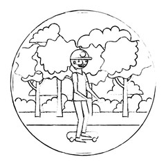 man athlete with skateboard in landscape