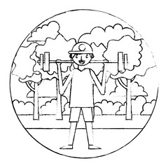 man athlete weight lifting in landscape