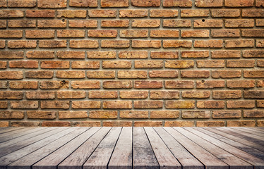 Old wood plank with abstract old brick wall background for product display