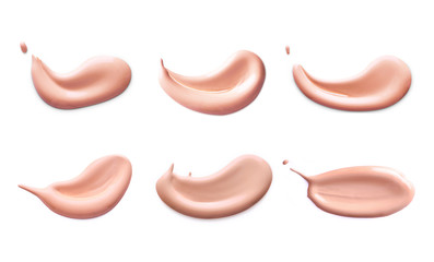 Cosmetic liquid foundation cream smudge smear strokes set. Make up smears isolated on white background
