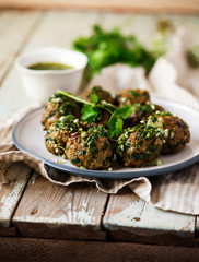 Chimichurri Whole Meatballs with Swiss Chard.
