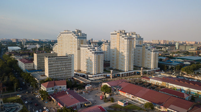 Russia, Krasnodar. City buildings, parkland, overhead aerial view from drone.